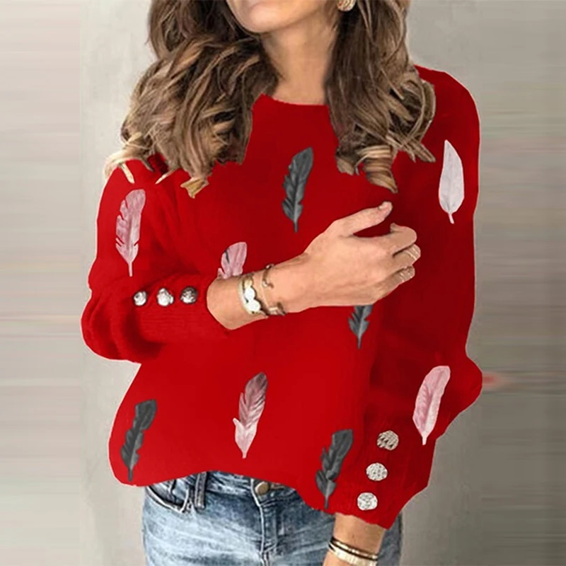 

Ladies Autumn Fashion V-Neck Long Sleeve Loose Knitted Sweater Pullover Women Casual Streetwear Fashion Feather Printing Sweater