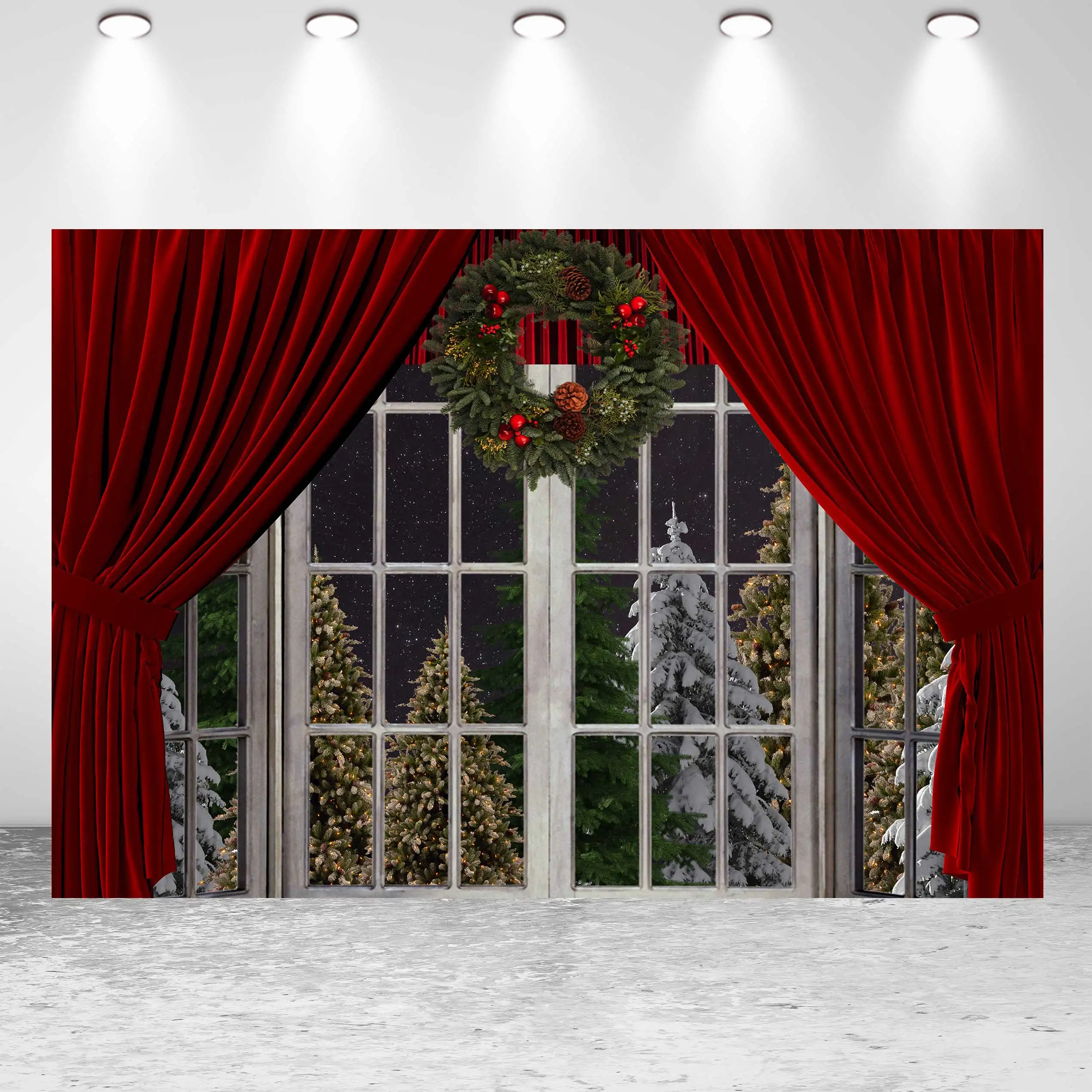 

Фотофон Seekpro с рождественскими елками, окном, красной занавеской, декорацией, детский фон для дня рождения, художественный портрет, фотостуд...