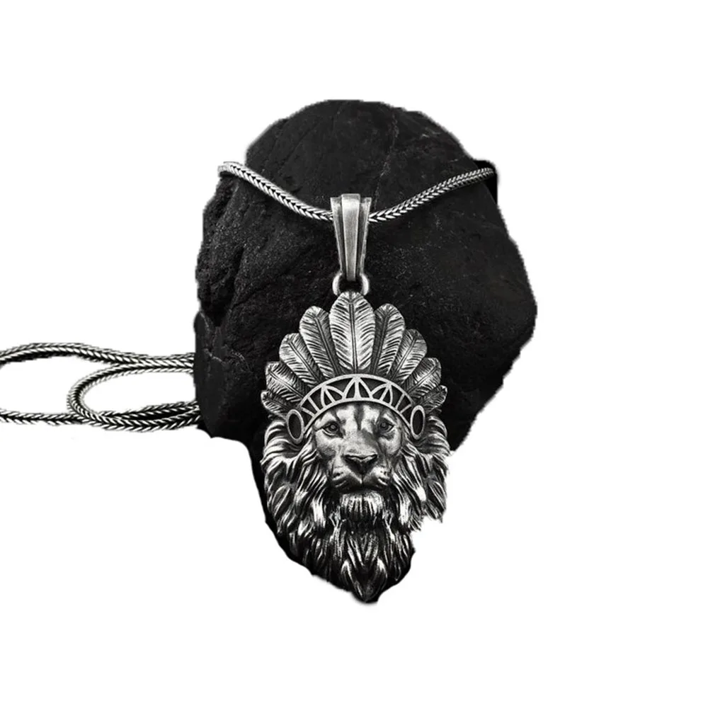 

European and American hip-hop style Indian crown lion head pendant men's necklace ins style animal pendant jewelry