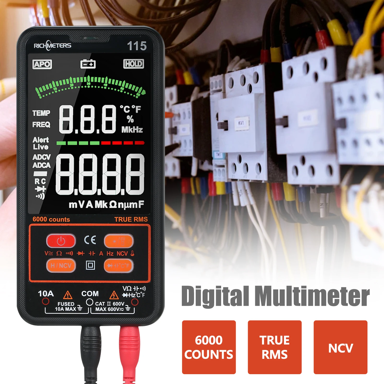 Цифровой мультиметр RICHMETERS RM115 с большим ЖК-дисплеем 6000 отсчетов True RMS напряжение