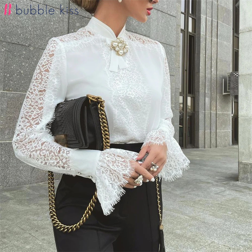 

BubbleKiss Spring Autumn Blouse Women Fashion Elegant Female Shirts Lace Patchwork Blouses Office Lady Sexy Long Sleeve Tops