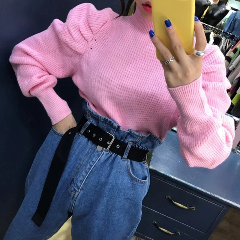 Винтажные минималистичные женские свитера с круглым вырезом и пышным длинным