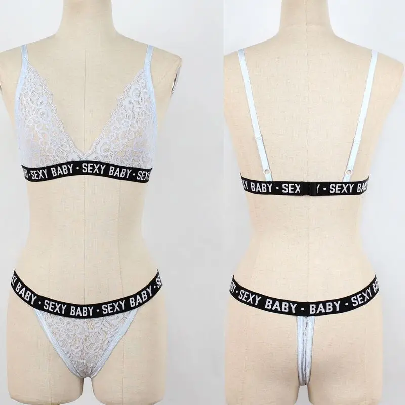 Womens Sexy 2Pcs Underwear Set Sexy Full Hollow Sheer Floral Lace Letters Bikini Deep V-Neck Bra High Cut T-Back Thong Swimsuit