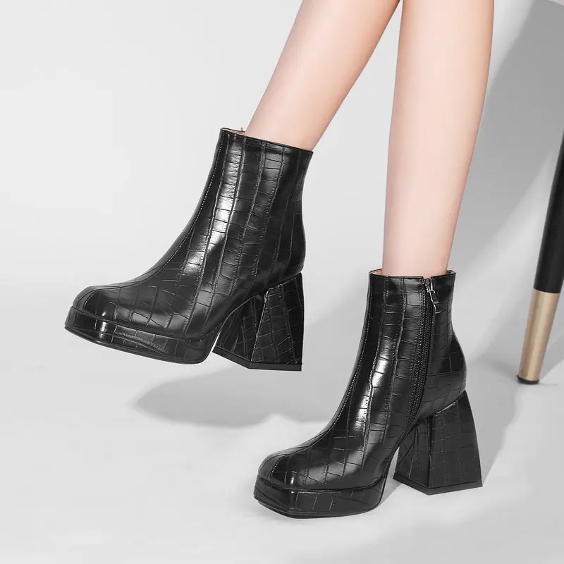 

2021 Pu Leather Punk Style Women Ankle Boots Platform Chunky High Heel Shoes Boots Autumn Winter Zipper Square Toe Woman's Boots