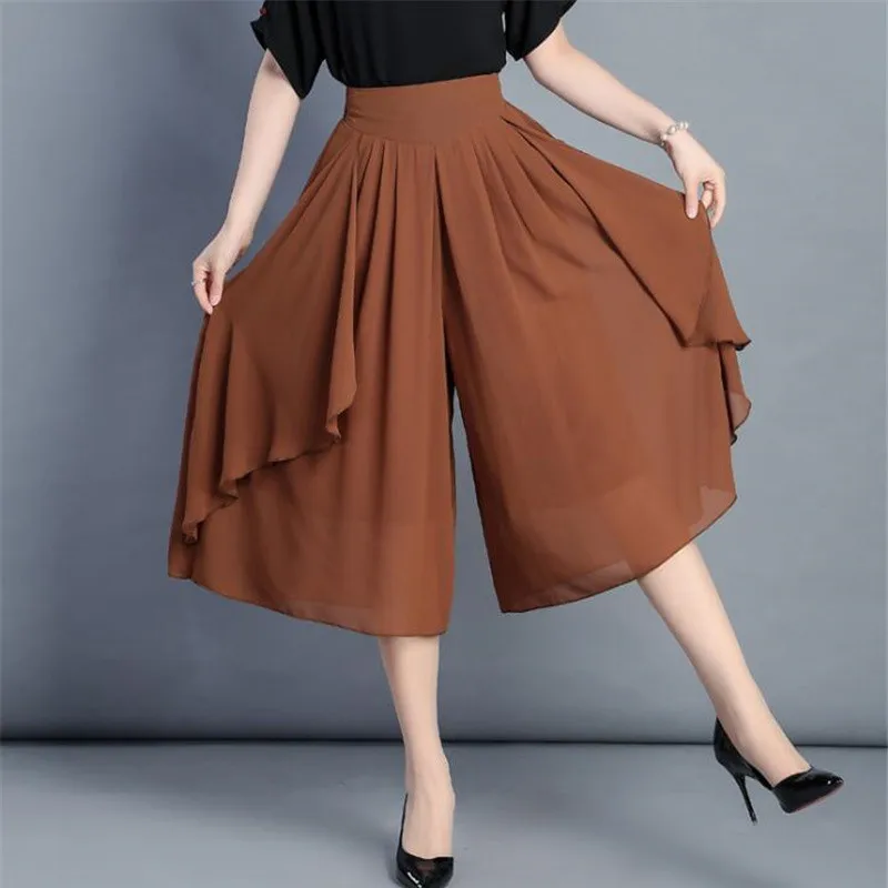 Высокое качество шифон широкие брюки женские летние Капри с эластичным поясом 6