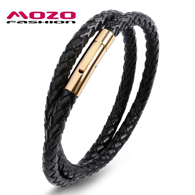 Mozo fashion ювелирный бренд мужские черные/коричневый кожаный ремешок цепи Нержавеющая сталь мужской браслет из Винтаж ремешок Браслеты 603 - Окраска металла: SJ603-H