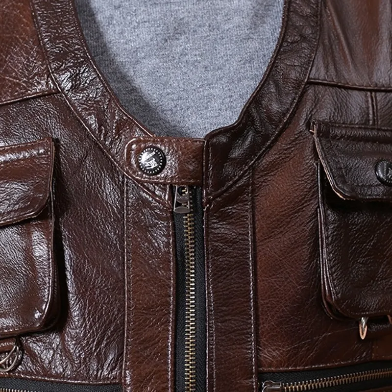 

Brand Genuine New Cow Leather Vest Mens Sleeveless Real Leather Vest Many Pockets Brown Motorcycle Jacket Male Waistcoat