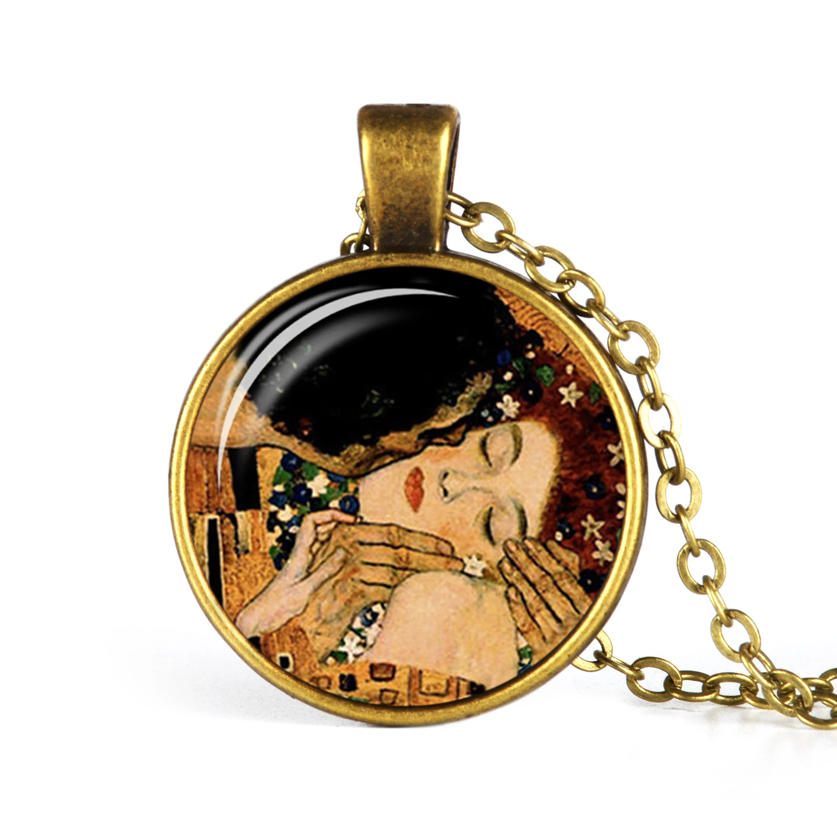 

Fashion Jewelry with Antique Bronze Gustav Klimt The Kiss Pattern Necklace Glass Dome Cabochon Pendant Chain Women Girl Gift