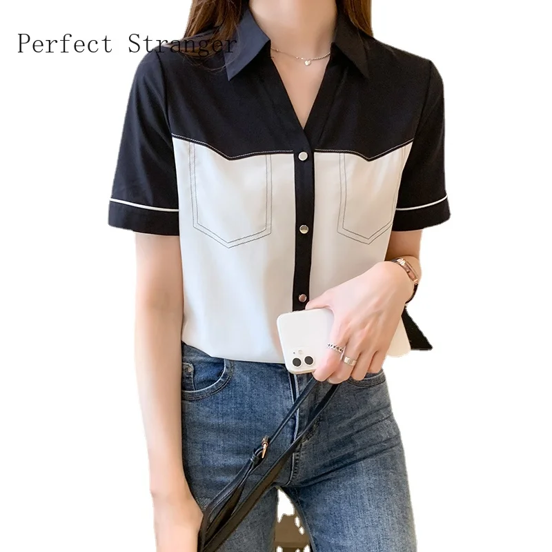 

2021 LeisureWomens Tops and Blouses Short Sleeve Shirts Women Polo Collar Chiffon Women's Blouse Vintage Top Female