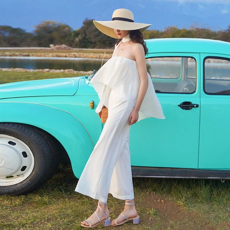 

Women White Jumpsuit Temperament Slim Body Strapless Jumpsuit High Waist Wide Leg Pants New Holiday Style Female Chic Jumpsuits