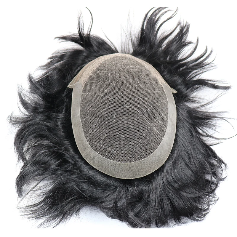 Swiss Lace Mens Toupee Poly Indian Remy Bleached Knots Natural Hairpiece OCT Base | Шиньоны и парики