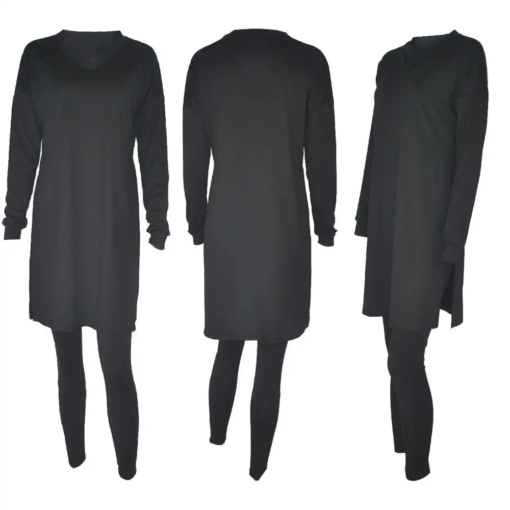 

Adogirl Solid Color Loungwear Women Set V Neck Long Sleeve Side Split Maxi T Shirt Skinny Legging Two Pieces Set Casual Outfits