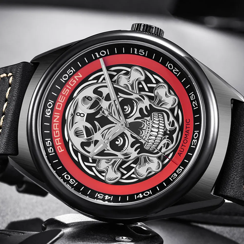 43 мм Pagani Дизайн Классический 3D череп панк стиль черный циферблат кожа мужские