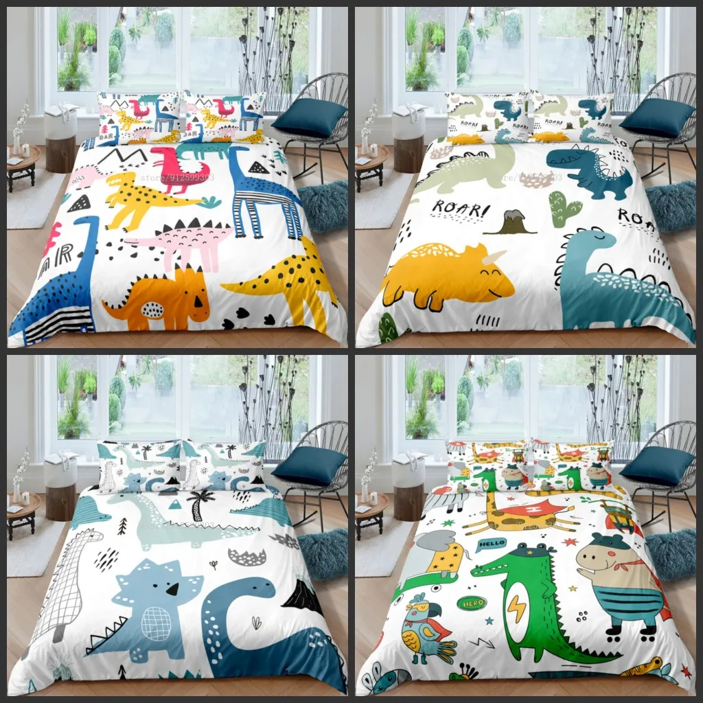 

Комплект постельного белья детский с динозавром, милый мультяшный комплект с пододеяльником, одеяло с наволочкой, односпальная и двуспальн...