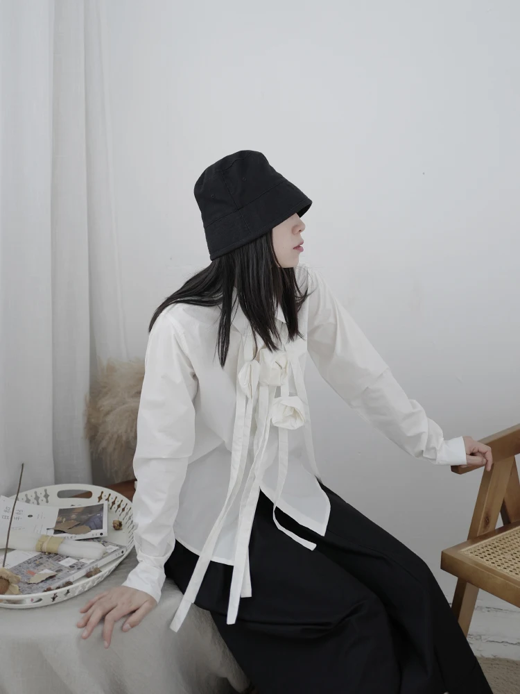 Черно-белая рубашка в стиле Ямамото Асимметричная с цветочным принтом для