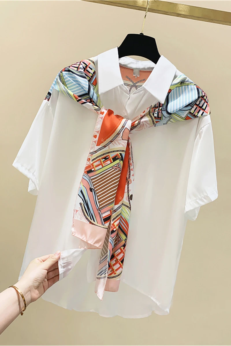 

Printed Silk Scarf Stitching Lace-up Short Sleeve Shirt Women's 2020 Summer Blouse Korean-Style Loose-Fit Blusas Ladies Shirts