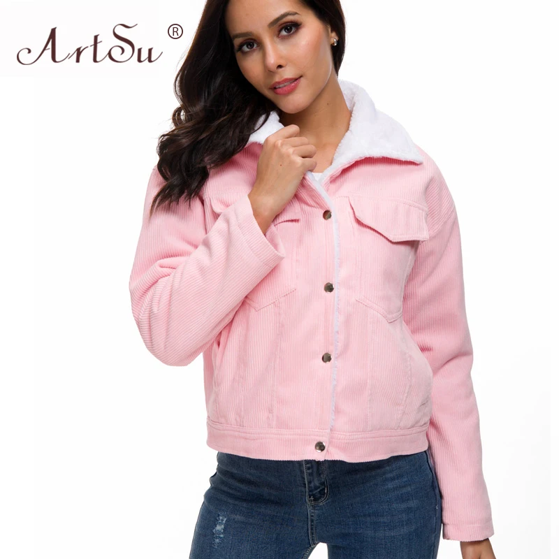 ArtSu/Повседневная Женская куртка с карманами из овечьего меха пальто осень-зима