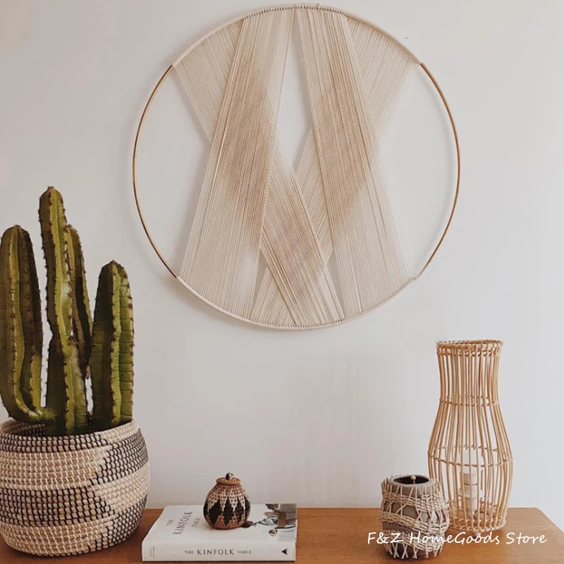 

Creative Gold Hoop Round Cotton Wall Decoration Macrame Wall Hanging Tapestry Hand Woven Nordic Simple Style Room House Decor
