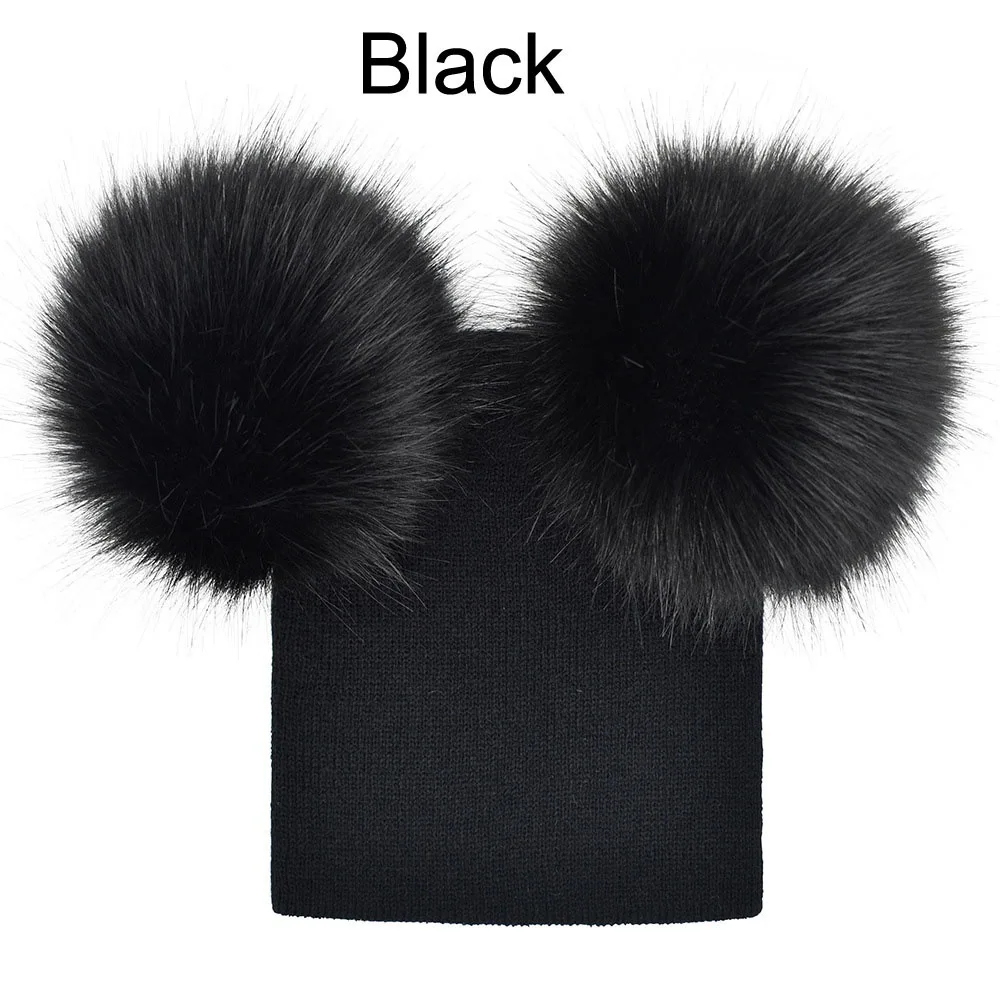 Детская шапка Теплая Зимняя шерстяная для малышей Вязаная с меховым помпоном