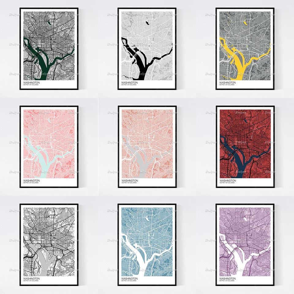

Вашингтон, округ Колумбия, карта, Северный Ретро минимализм, живопись, плакаты, печать на холсте, настенные картины, домашний декор