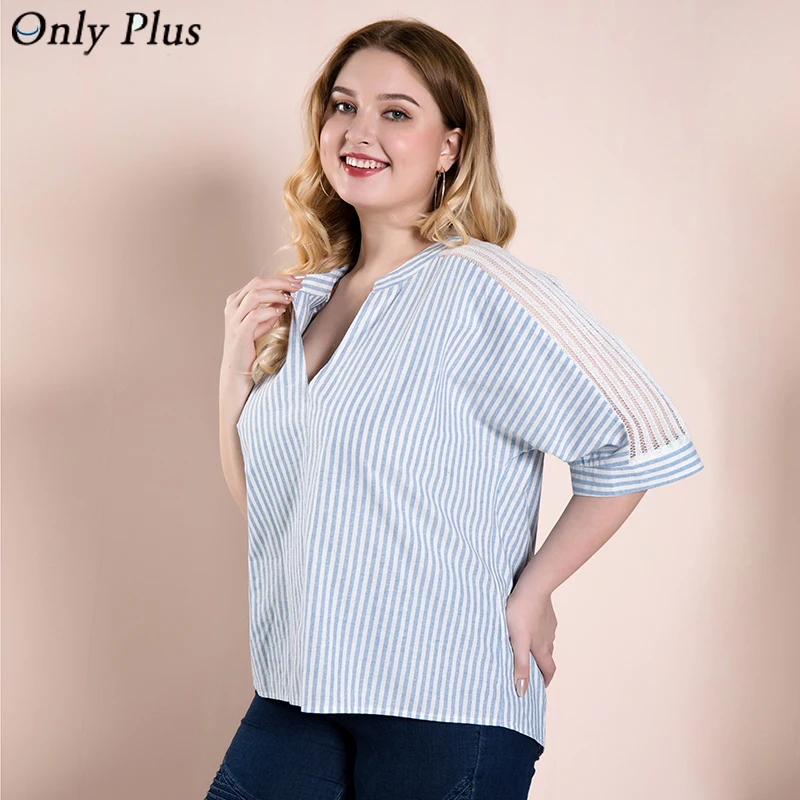 Только плюс женская офисная блузка с v образным вырезом в полоску размер XL 5XL топы