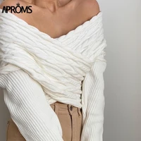 aproms elegant off shoulder knitted sweaters women 2021 winter fashion criss cross cropped pullovers white soft warm jumpers top