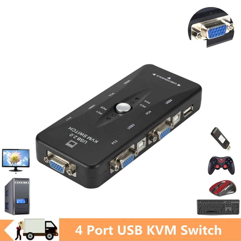 

4 Port KVM Switch USB 2.0 Printer Mouse Keyboard VGA Splitter 1920x1440 4 In 1 Out Monitor PC Sharing Switcher Box Adapter