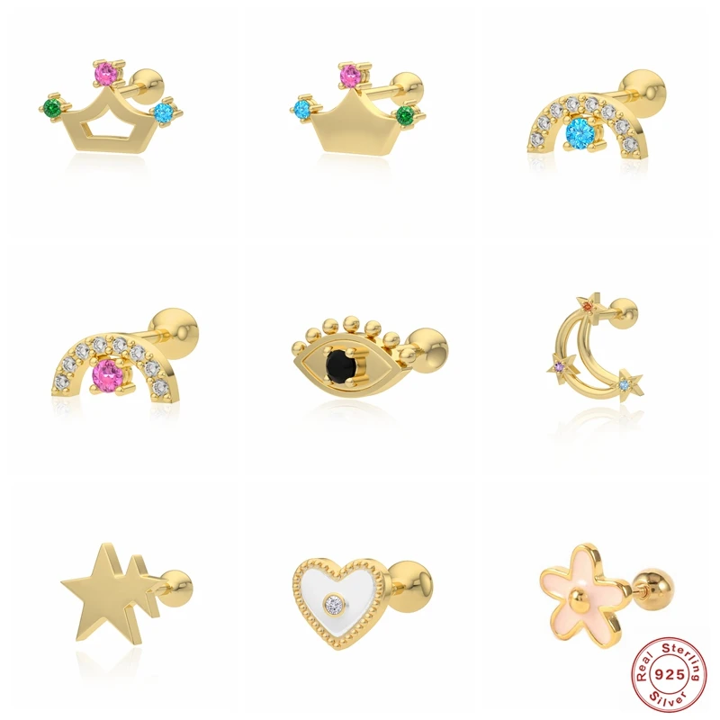 

Автоклав реальные S925 Стерлинговый Серебряный Пирсинг Серьга разноцветный Цирконий Корона «Луна», «Звезды», серьги со шпилькой, для женщин ...