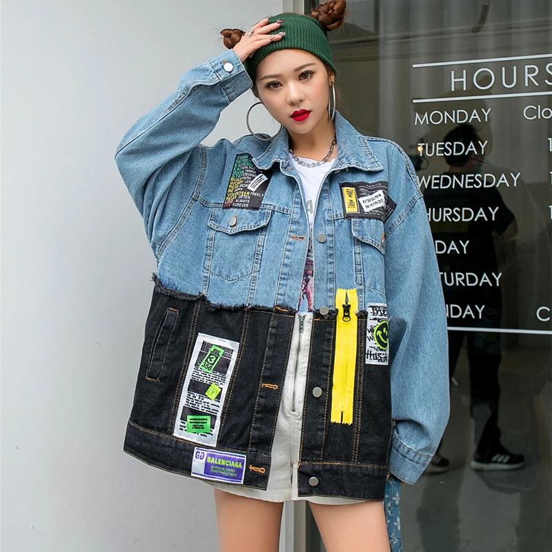 

European station 2021 spring ins personality patch stitching tide brand denim jacket women loose fashion top