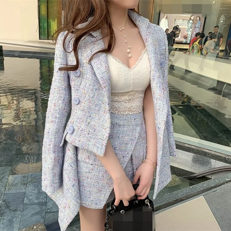 Qualities Boy Friend Vintage Womens Tweed 2Pcs Outfits Double Breasted Lapel Asymmetrical Blazer High Waist Chic Hem Hot Shorts |