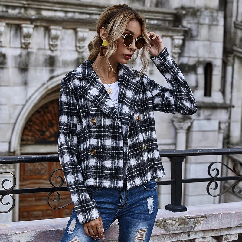 

Autumn and Winter Women Coats Original Design Double Breasted Lapel Short Plaid Blazer Fashion Street Style Woman Jacket