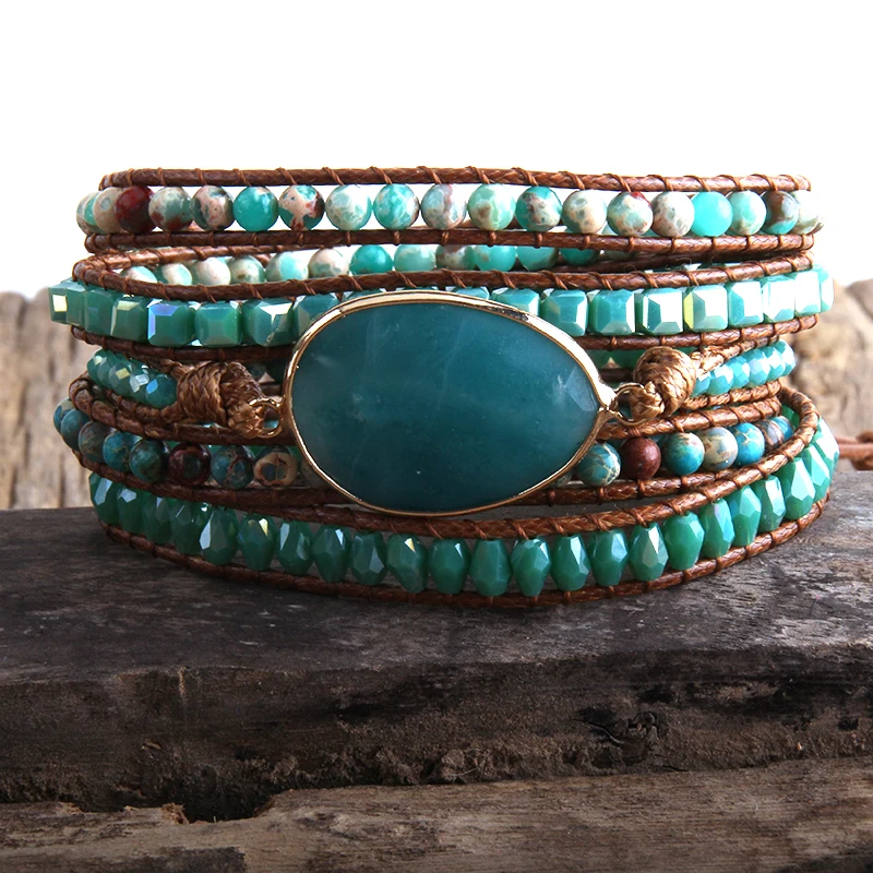 

RH New Fashion Boho Bracelet Blue Natural Stones Grass Amazonite Charm 5 Strands Woven Wrap Bracelets Gift Dropshipping