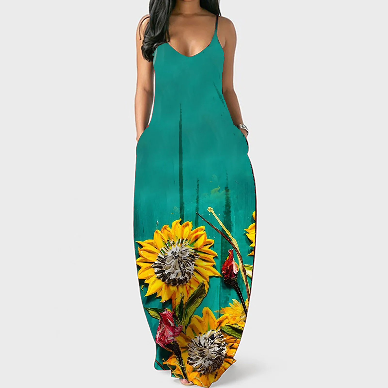 

2021 Dresses For Women Summer O-neck Sunflower Print Sleeveless Dress Ladies Casual Plus Size Pullover Long Dresses robe femme