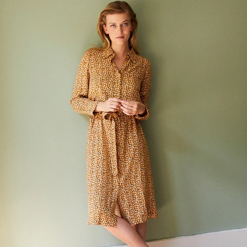 

Floral Print Midi Dress Women Viscose Belt Sashes Long Sleeve Retro Vintage A Line Dress 2021 Chic Casual Elegant Femme Robe