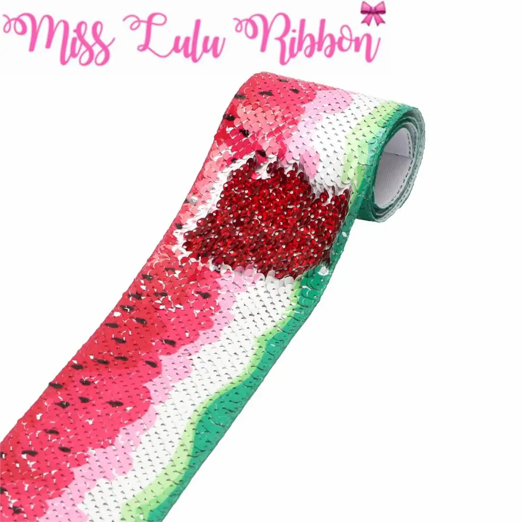 3&quot75mm Fruits Series Summer Watermelon Printed Double Reversible Hologram Red Sequin Ribbon DIY Hair Bowknots 46yards | Дом и сад