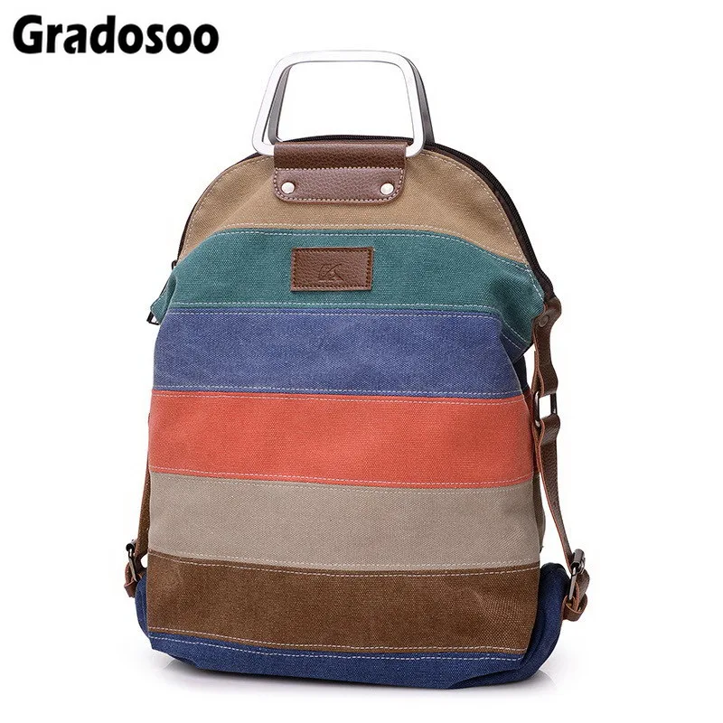 Gradosoo Ретро стиль в полоску женский рюкзак Холщовый многофункциональный пэчворк