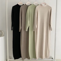 2021 japanese style autumn winter knitted dress half high collar long casual loose long sleeve solid color straight womens