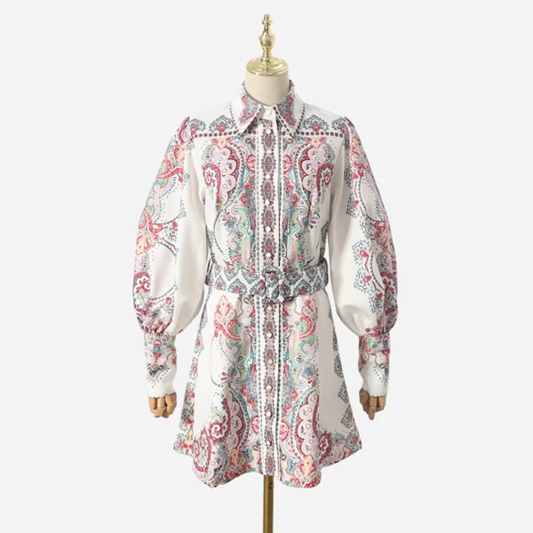 [LIVIVIO] винтажное мини-платье с цветочным принтом и длинным рукавом, женское платье с поясом и талией, осенняя одежда для женщин, модная - Цвет: Print