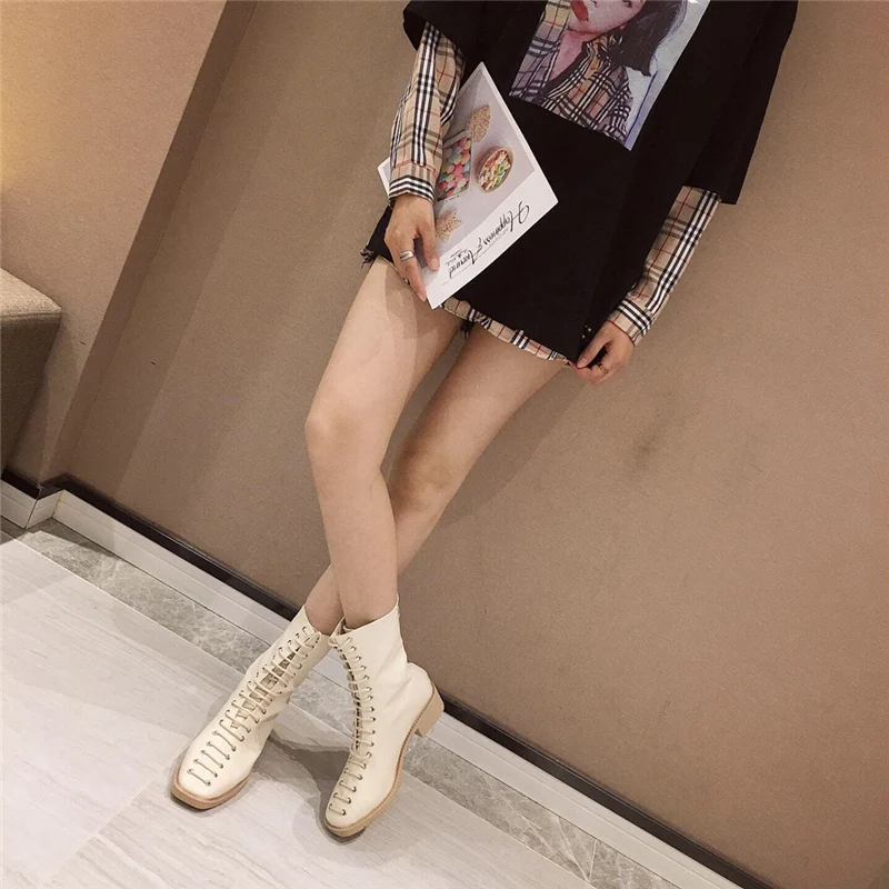 Новинка года; сезон осень; Модные женские бежевые ботильоны на плоской подошве со шнуровкой на низком каблуке; армейские ботинки; зимние дизайнерские ковбойские ботинки в ковбойском стиле