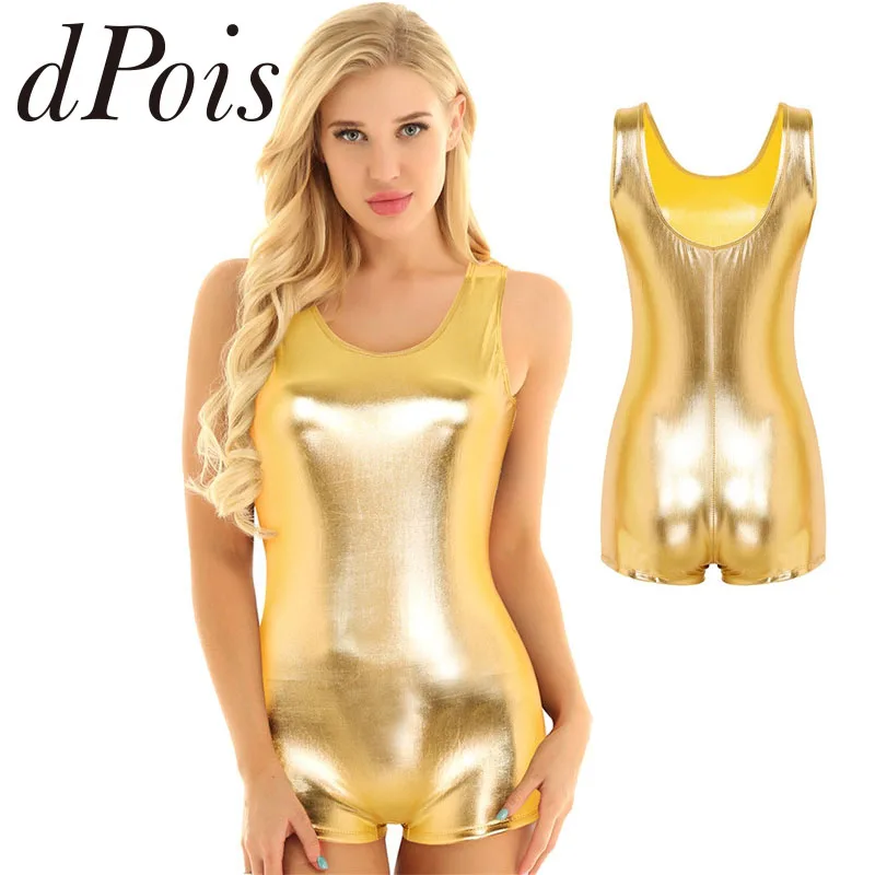 Женский Блестящий металлический цельный комбинезон без рукавов с глубоким