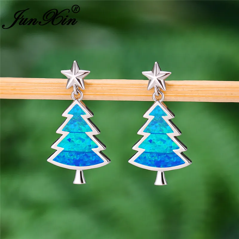 Christmas Tree Stud Earrings For Women Men White Gold Rose Color Blue Fire Opal Wedding Cute Star Earring Jewelry | Украшения и