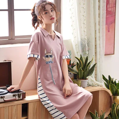 nightgown women Летние хлопковые ночные рубашки женские повседневные мягкие пижамы платье с буквенным принтом ночная рубашка женские ночные рубашки - Цвет: nightgown women