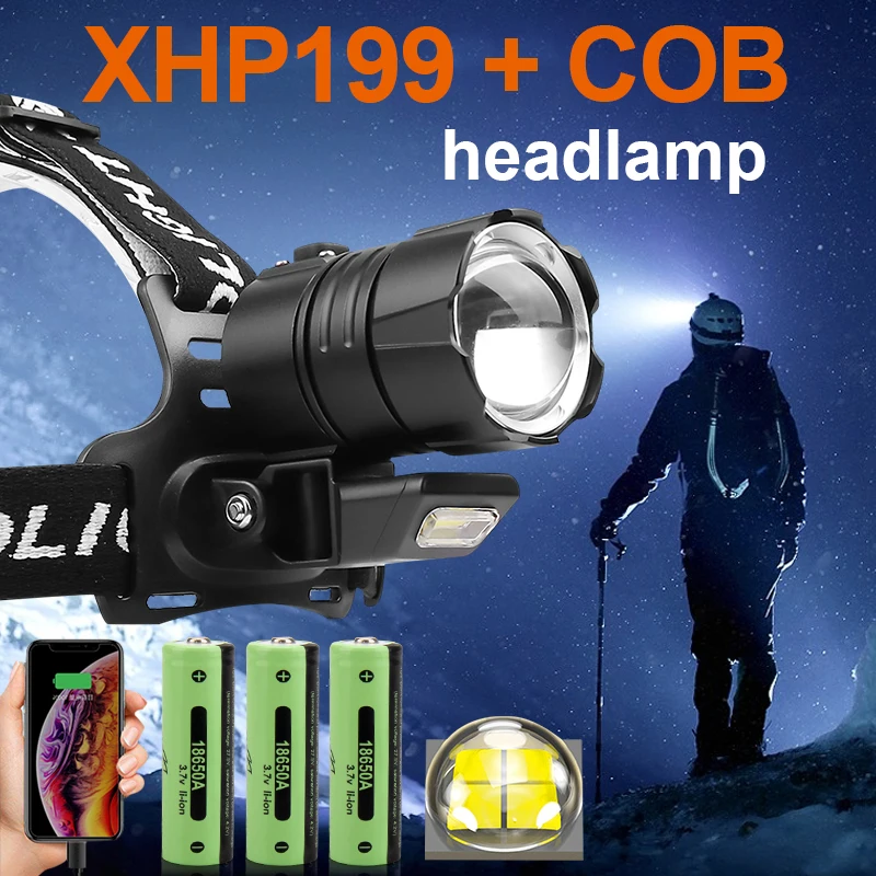 

Прямая поставка Самый мощный перезаряжаемый светодиодный налобный фонарь XHP199 USB-фара 18650 Головная лампа IPX6 Водонепроницаемый головной свет...