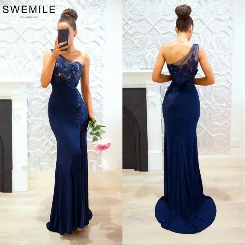 Женское вечернее платье Русалка SWEMILE темно синее кружевное на одно плечо с 3D