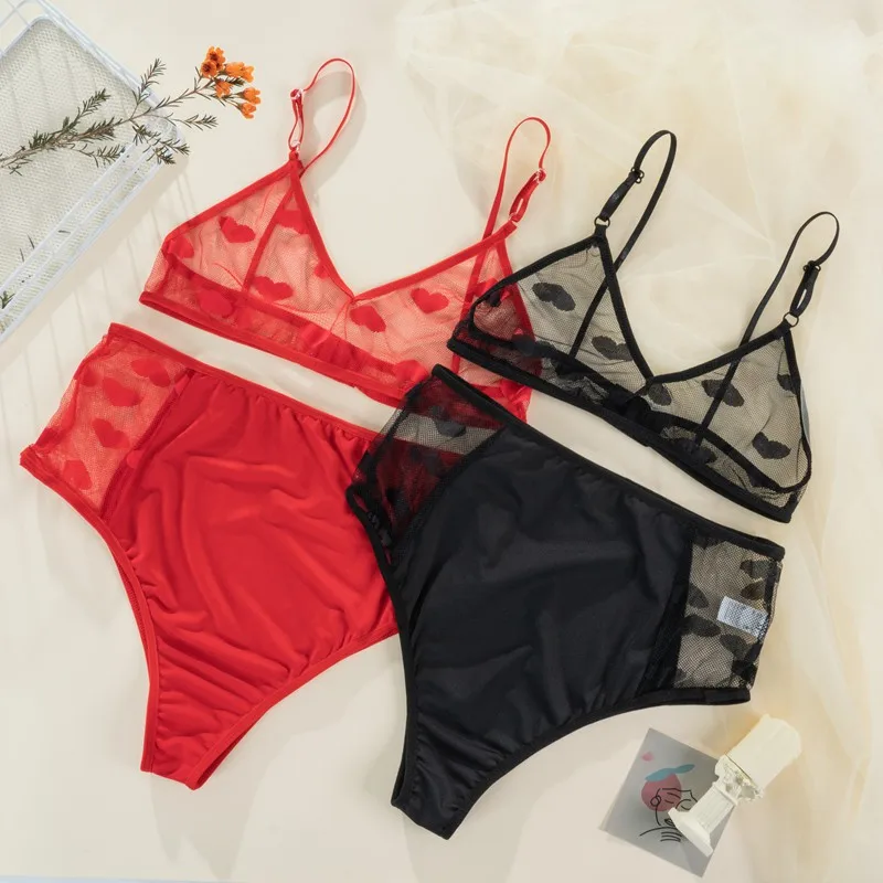 

New Sexy Lingerie Underwear Polka Dot Mesh Frill Trim Lace Lingerie Set Top Lace Invisible Transparent Women Bras