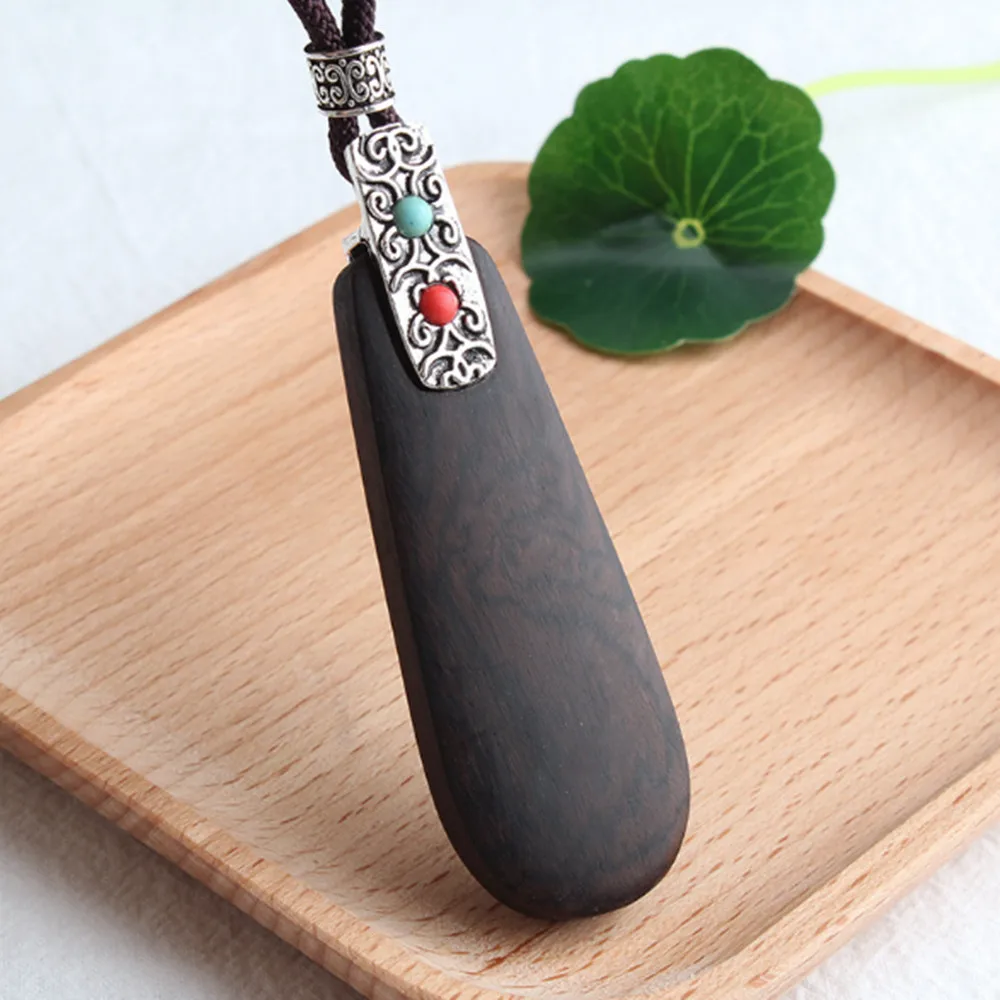 Retro Handmade black Sandalwood alloy Natural Stone Pendant Necklace Sweater Chain N602 |