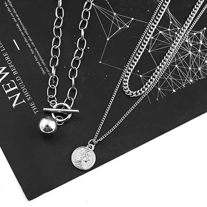 

2021 New Hip Hop INS Net Popular Style Harajuku Three-layer Necklace Beauty Head Coin Metal Ball Street Shooting Sweater Chain