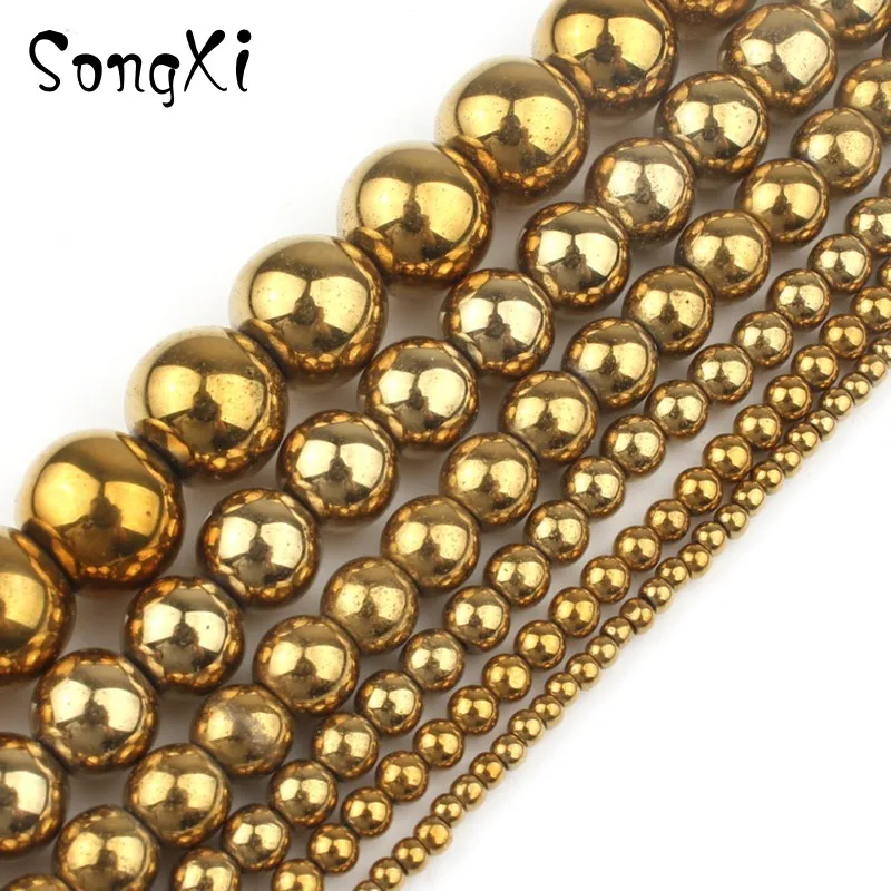 Натуральные круглые бусины золотые из гематита для изготовления ювелирных