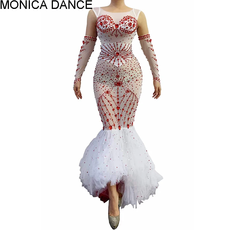 

Women Sexy Birthday Celebrate White Outfit Prom Dancer Dress Red Rhinestone Transparent Mermaid Long Dress with Gloves Belt
