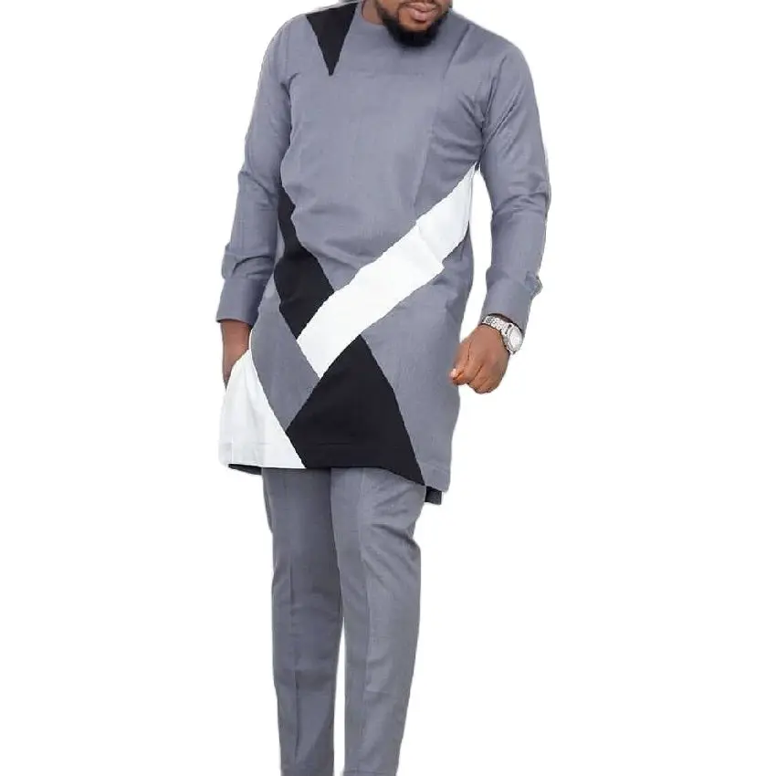 

African Fashion Design Set Clothing Patchwork Men Shirts+Solid Trousers High Quality Gray Cotton Male Wedding Suits Customized